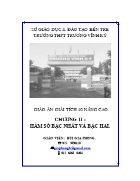 Bìa mẫu - Giáo án Biải tích 10 nâng cao - Chương II: Hàm số bậc nhất V bậc hai