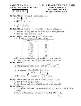 Đề kiểm tra chất lượng học kì II (năm học 2008 - 2009) môn: Toán khối 10