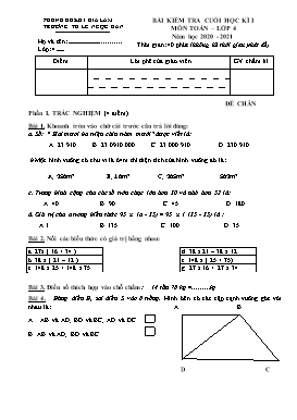 Đề kiểm tra định kì cuối học kì I môn Toán Lớp 4