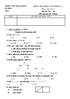 Bài kiểm tra khảo sát tháng 4 môn Toán Lớp 2