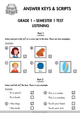 Bài tập thực hành môn Tiếng Anh Lớp 1 i-Learn Smart Start - Answer keys & Scripts - Grade 1: Semester 1 Test