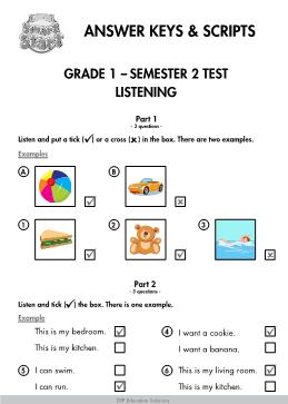 Bài tập thực hành môn Tiếng Anh Lớp 1 i-Learn Smart Start - Answer keys & Scripts - Grade 1: Semester 2 Test