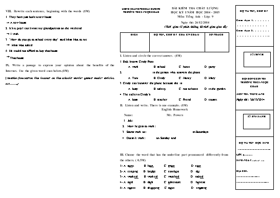 Bài kiểm tra chất lượng học kì I môn Tiếng Anh Lớp 9 - Ngày thi 26-12-2014 - Năm học 2014-2015 - Trường THCS Ngọc Châu (Có đáp án)