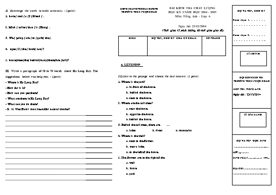 Bài kiểm tra chất lượng môn Tiếng Anh Lớp 6 - Ngày thi 23-12-2014 - Năm học 2014-2015 - Trường THCS Ngọc Châu
