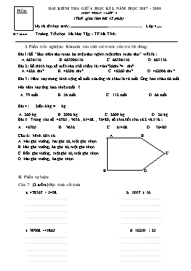 Đề kiểm tra giữa học kì I môn Toán Lớp 4 - Năm học 2017-2018 - Trường Tiểu học Hà Huy Tập (Có đáp án)