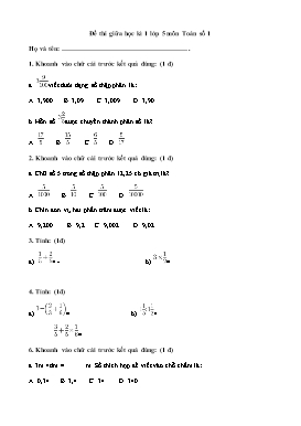 Đề thi giữa học kì 1 môn Toán Lớp 5 - Số 1