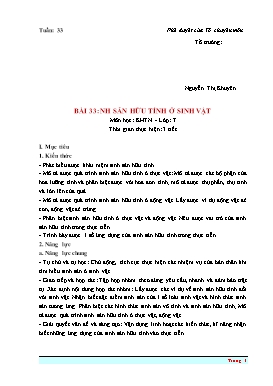 Kế hoạch bài dạy Khoa học tự nhiên Lớp 7 Sách Cánh diều - Chủ đề 11: Sinh sản ở sinh vật - Bài 33: Sinh sản hữu tính ở sinh vật