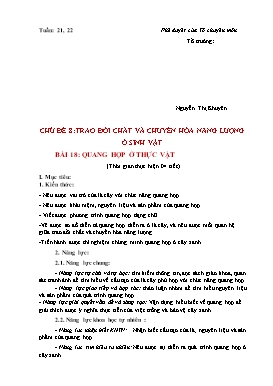 Kế hoạch bài dạy Khoa học tự nhiên Lớp 7 Sách Cánh diều - Chủ đề 8: Trao đổi chất và chuyển hóa năng lượng ở sinh vật - Bài 18: Quang hợp ở thực vật
