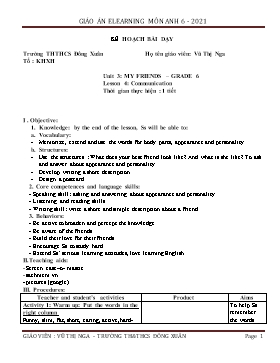 Kế hoạch bài dạy Tiếng Anh Lớp 6 - Unit 3: My friends - Lesson 4: Communication - Năm học 2021-2022 - Vũ Thị Nga