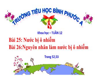 Bài giảng Khoa học Lớp 4 - Tuần 12, Bài 25+26: Nước bị ô nhiễm. Nguyên nhân làm nước bị ô nhiễm - Trường Tiểu học Bình Phước A