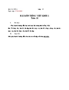 Bài tập môn Tiếng Việt, Toán Lớp 1 - Tuần 10 - Năm học 2021-2022 - Trường Tiểu học Bình Phước A