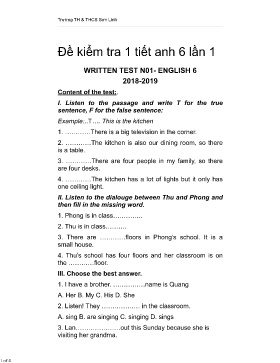 Đề kiểm tra 1 tiết lần 1 môn Tiếng Anh Lớp 6 - Năm học 2018-2019 - Trường TH & THCS Sơn Lĩnh
