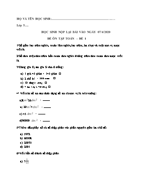 Đề ôn tập lần 4 môn Toán, Tiếng Việt Lớp 5