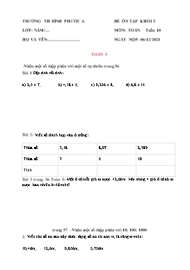 Đề ôn tập môn Toán Khối 5 - Tuần 10 - Năm học 2021-2022 - Trường Tiểu học Bình Phước A
