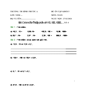 Đề ôn tập môn Toán Khối 5 - Tuần 13 - Năm học 2021-2022 - Trường Tiểu học Bình Phước A