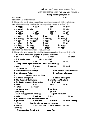 Đề thi thử học sinh giỏi môn Tiếng Anh Lớp 7 (Có đáp án)