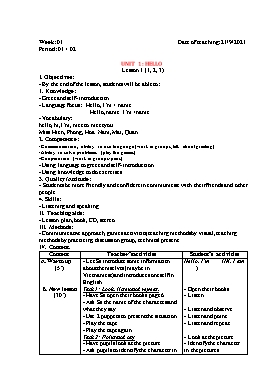 Giáo án Tiếng Anh Lớp 3 - Tuần 1 - Năm học 2021-2022 - Nguyễn Thị Linh