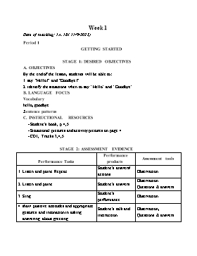 Kế hoạch bài dạy Tiếng Anh Tiểu học - Tuần 1 - Năm học 2023-2024 - Lê Thị Ánh