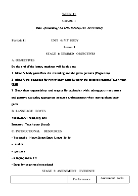 Kế hoạch bài dạy Tiếng Anh Tiểu học - Tuần 11 - Năm học 2022-2023 - Lê Thị Ánh