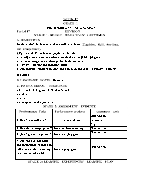 Kế hoạch bài dạy Tiếng Anh Tiểu học - Tuần 17 - Năm học 2022-2023 - Lê Thị Ánh