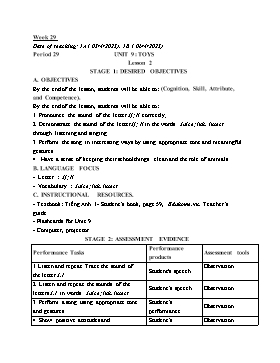 Kế hoạch bài dạy Tiếng Anh Tiểu học - Tuần 29 - Năm học 2022-2023 - Lê Thị Ánh