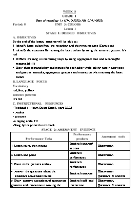 Kế hoạch bài dạy Tiếng Anh Tiểu học - Tuần 8 - Năm học 2022-2023 - Lê Thị Ánh