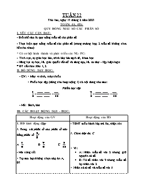Kế hoạch bài dạy Toán Lớp 4 - Tuần 22, Bài: Quy đồng mẫu số các phân số - Năm học 2022-2023 - Nguyễn Quang Viện