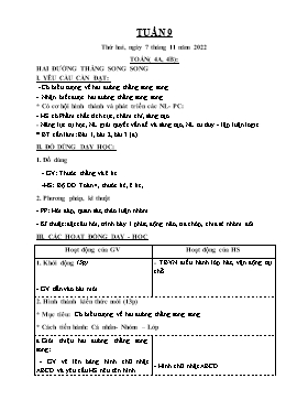 Kế hoạch bài dạy Toán Lớp 4 - Tuần 9, Bài: Hai đường thẳng song song - Năm học 2022-2023 - Nguyễn Quang Viện