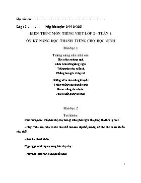Kiến thức môn Tiếng Việt Lớp 2 (Chân trời sáng tạo) - Tuần 1 - Năm học 2021-2022