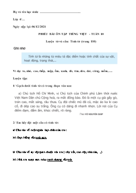Phiếu bài ôn tập Tiếng Việt Lớp 4 - Tuần 10 - Năm học 2021-2022