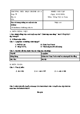 Phiếu bài tập lần 13 môn Tiếng Việt, Toán Khối 3 - Năm học 2021-2022 - Trường Tiểu học Chánh An A (Có đáp án)