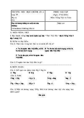 Phiếu bài tập lần 15 môn Tiếng Việt, Toán Khối 3 - Năm học 2021-2022 - Trường Tiểu học Chánh An A (Có đáp án)