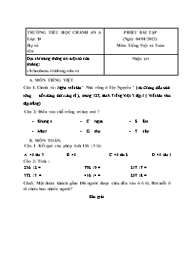 Phiếu bài tập lần 16 môn Tiếng Việt, Toán Khối 3 - Năm học 2021-2022 - Trường Tiểu học Chánh An A (Có đáp án)