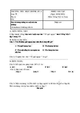 Phiếu bài tập lần 17 môn Tiếng Việt, Toán Khối 3 - Năm học 2021-2022 - Trường Tiểu học Chánh An A
