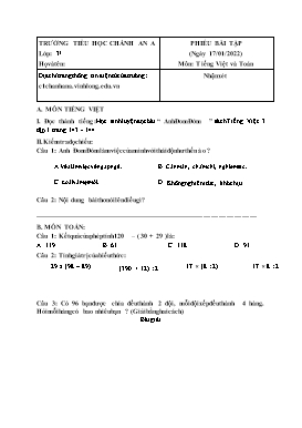 Phiếu bài tập lần 18 môn Tiếng Việt, Toán Khối 3 - Năm học 2021-2022 - Trường Tiểu học Chánh An A (Có đáp án)