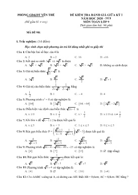 2 Đề kiểm tra đánh giá giữa học kì I Toán 9 - Năm học 2020-2021 - PGD Yên Thế