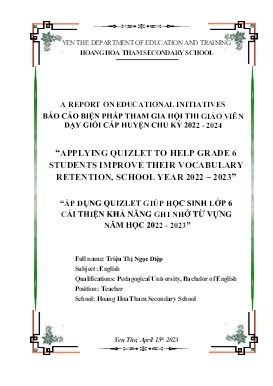 Áp dụng Quizlet giúp học sinh lớp 6 cải thiện khả năng ghi nhớ từ vựng - Năm học 2022-2023