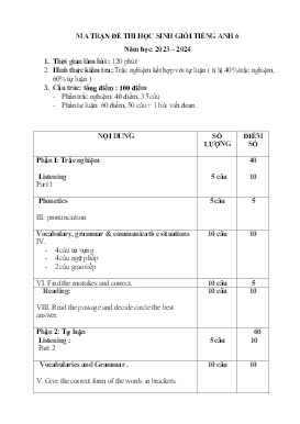 Đề khảo sát HSG Tiếng Anh 6 - Năm học 2023-2024 (Có đáp án + Ma trận)