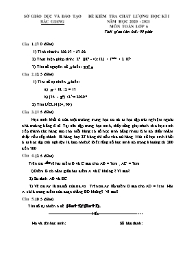 Đề kiểm tra chất lượng học kì I Toán 6 - Năm học 2020-2021 - Sở GD&ĐT Bắc Giang