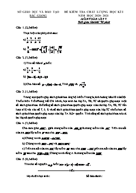 Đề kiểm tra chất lượng học kì I Toán 7 - Năm học 2020-2021 - Sở GD&ĐT Bắc Giang
