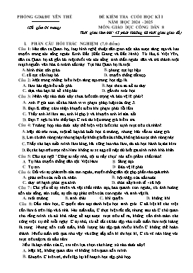 Đề kiểm tra cuối học kì I GDCD 8 - Năm học 2024-2025 - PGD Yên Thế (Có đáp án)