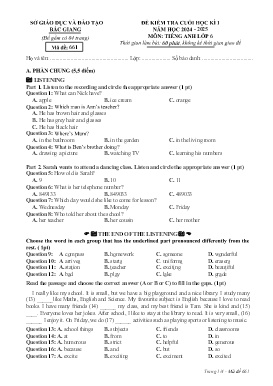 Đề kiểm tra cuối học kì I Tiếng Anh 6 - Mã đề 661 - Năm học 2024-2025 - Sở GS&ĐT Bắc Giang (Có đáp án)