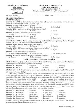 Đề kiểm tra cuối học kì II Tiếng Anh 9 - Mã đề 291 - Năm học 2024-2025 - Sở GD&ĐT Bắc Giang (Có đáp án + File nghe)