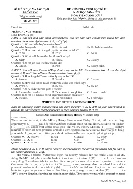 Đề kiểm tra cuối học kì II Tiếng Anh 9 - Mã đề 292 - Năm học 2024-2025 - Sở GD&ĐT Bắc Giang (Có đáp án + File nghe)