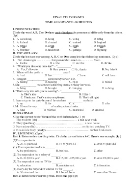Đề kiểm tra cuối học kì Tiếng Anh 9 (Có đáp án)