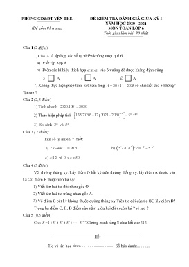 Đề kiểm tra đánh giá giữa học kì I Toán 6 - Năm học 2020-2021 - PGD Yên Thế