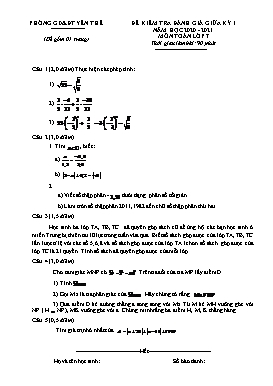 Đề kiểm tra đánh giá giữa học kì I Toán 7 - Năm học 2020-2021 - PGD Yên Thế
