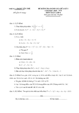 Đề kiểm tra đánh giá giữa học kì I Toán 8 - Năm học 2020-2021 - PGD Yên Thế