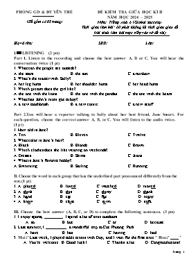 Đề kiểm tra giữa học kì II Tiếng Anh 6 - Năm học 2024-2025 - PGD Yên Thế (Có đáp án)