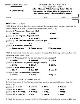 Đề kiểm tra giữa học kì II Tiếng Anh 7 - Năm học 2024-2025 - PGD Yên Thế (Có đáp án)